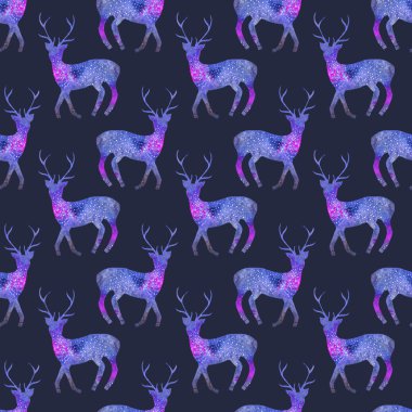Geyik. Kozmik ile Seamless Modeli veya gökada geyikler. Çizilmiş orijinal hayvan arka plan.