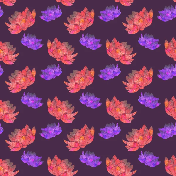 Rött och rosa lotus. Seamless mönster med kosmiska eller galaxy blommor. Handritade ursprungliga floral bakgrund. — Stockfoto