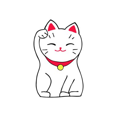 Maneki-neko kedi. Elle çizilmiş şanslı beyaz kedi oturuyor. Japon Kültür. Çizim doodle