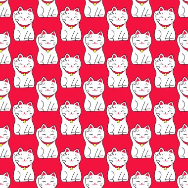 Maneki-neko kedi. El oturma ile seamless modeli şanslı kedi çizilmiş. Japon Kültür. Çizim doodle