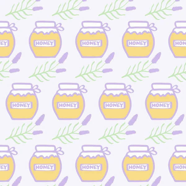 Tarro de miel. Patrón de dibujos animados sin costura dibujado a mano con tarros de miel de lavanda. Ilustración vectorial . — Vector de stock