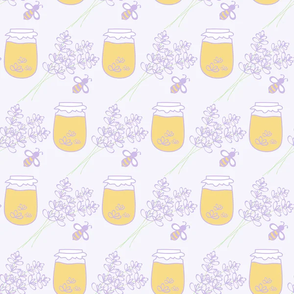Barattolo di miele, lavanda e ape. Modello di cartone animato senza cuciture disegnato a mano con miele pot, ape e lavanda bouquet. Illustrazione vettoriale . — Vettoriale Stock