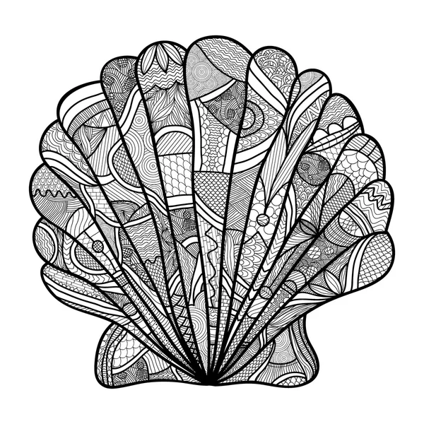 Kagyló. Kézzel rajzolt shell - anti-stressz, színező oldal, felnőtt, nagy részleteket elszigetelt fehér background, illusztráció, zentangle stílusban. — Stock Vector