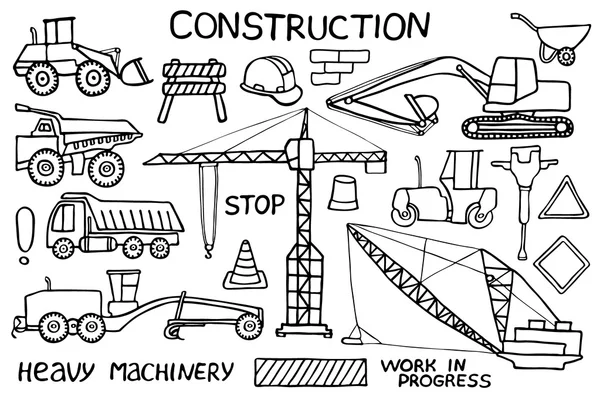 Bosquejo de construcción y maquinaria pesada. Juego de iconos de la industria de dibujos animados dibujados a mano. Dibujo de Doodle . — Archivo Imágenes Vectoriales