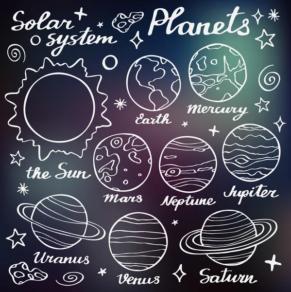 Planetas listos. Colección dibujada a mano de dibujos animados de planetas del sistema solar. Dibujo de Doodle . — Vector de stock