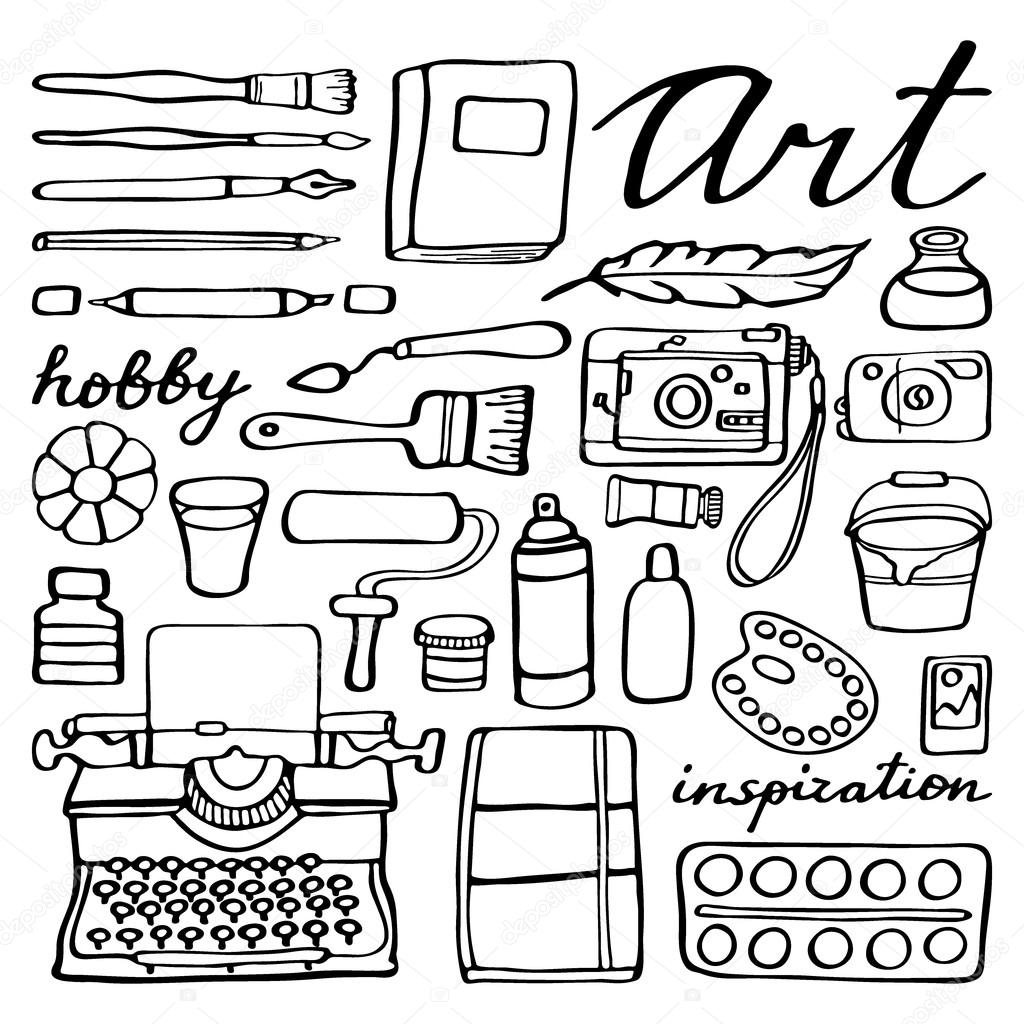 Art supplies set. Hand-drawn cartoon collection of art tools. Doodle drawing.  Stock Vector by ©runLenarun 96345254
