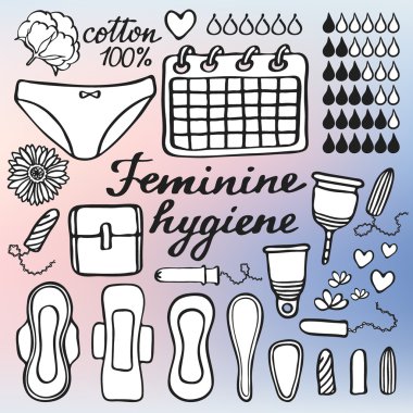 Feminine hygiene set. Hand-drawn cartoon collection of monthly period stuff. Doodle drawing. clipart