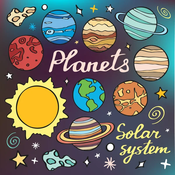 Planetas preparados. Coleção de desenhos animados desenhados à mão de planetas do sistema solar. Desenho de doodle . —  Vetores de Stock