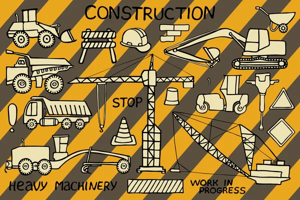 Bosquejo de construcción y maquinaria pesada. Juego de iconos de la industria de dibujos animados dibujados a mano. Dibujo de Doodle . — Archivo Imágenes Vectoriales