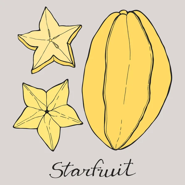 Buah karambola atau buah bintang. Kartun buatan tangan. Gambar Doodle . - Stok Vektor