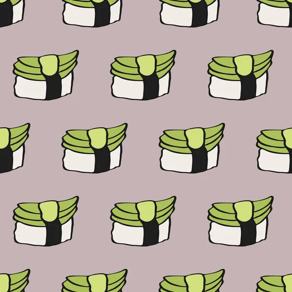 Padrão sem emenda com desenho animado desenhado à mão ícone de comida japonesa - sushi com abacate. Desenho de rabiscos. Ilustração vetorial - amostra no interior —  Vetores de Stock