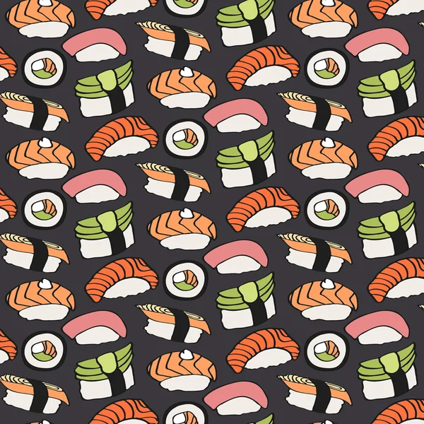 Uno schizzo di sushi. Modello senza cuciture con cartoni animati disegnati a mano icona del cibo giapponese - sushi con pesce e avocado. Illustrazione vettoriale - campione all'interno — Vettoriale Stock