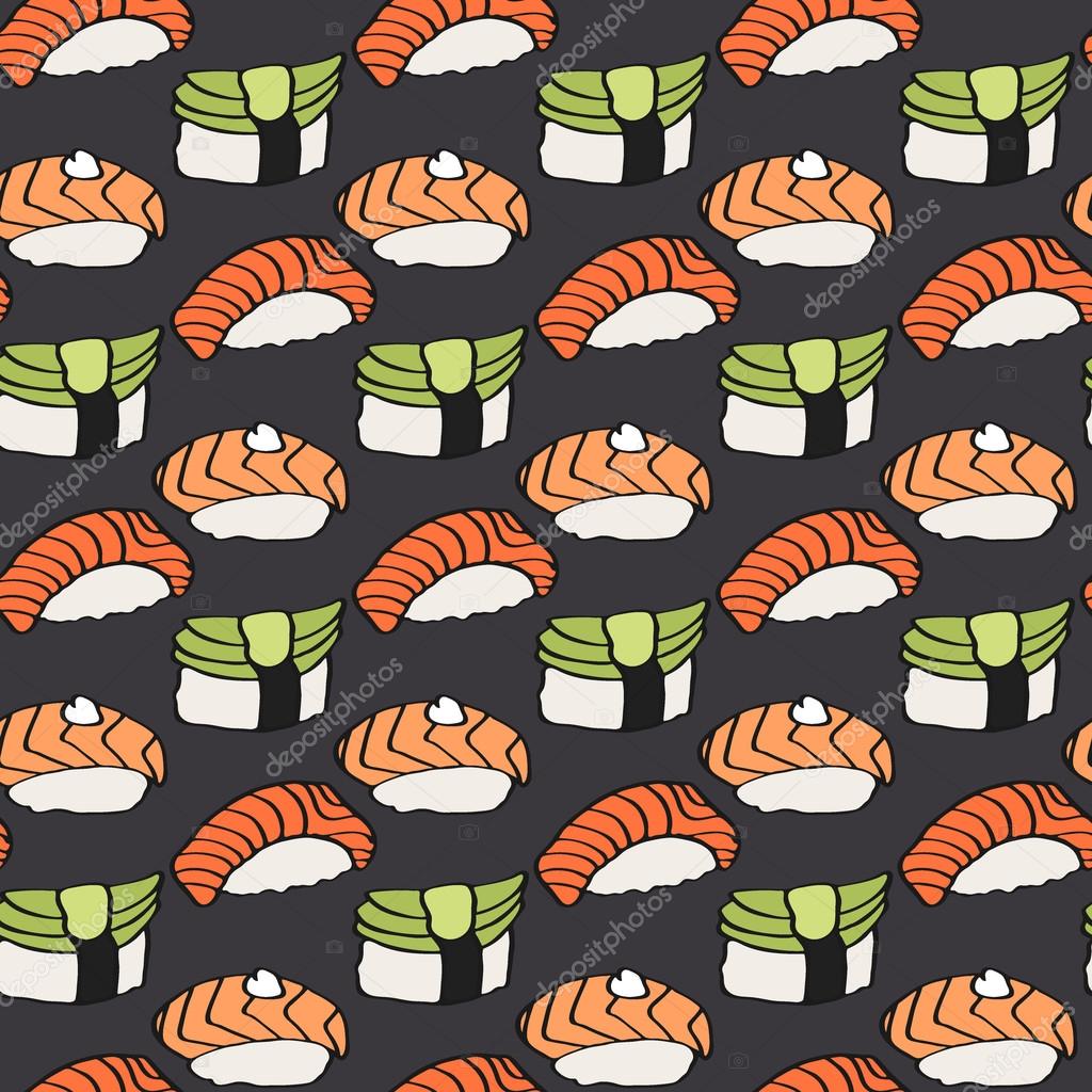 Nigiri sushi sketch. Seamless pattern with hand-drawn cartoon japanese ...
