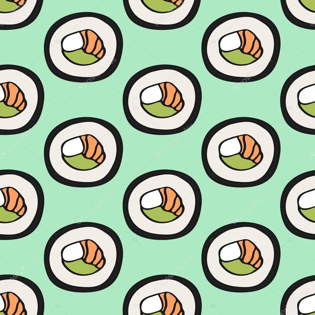 Sushi sketch. Seamless pattern with hand-drawn cartoon japanese food icon - sushi with fish and avocado. Vector illustration - swatch inside