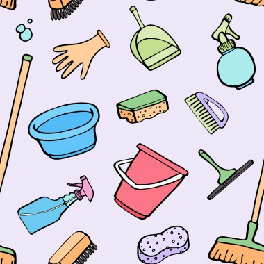 Temizlik araçları kroki. Çizilmiş karikatür simgeleri - kova, sünger, paspas, eldiven, sprey, fırça, kürek ile Seamless modeli. Vektör çizim - renk örneği içinde