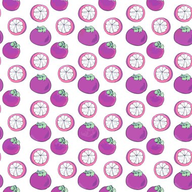 Mangosteen. Çok sulu boya çizim - vektör çizim ile Seamless Modeli.