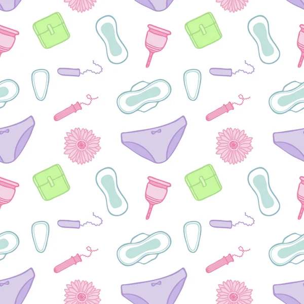 Esboço de produtos de higiene feminina. Padrão sem costura com ícones de desenhos animados desenhados à mão almofada, tampão, copo de menstruação e flor. Ilustração vetorial - amostra no interior — Vetor de Stock