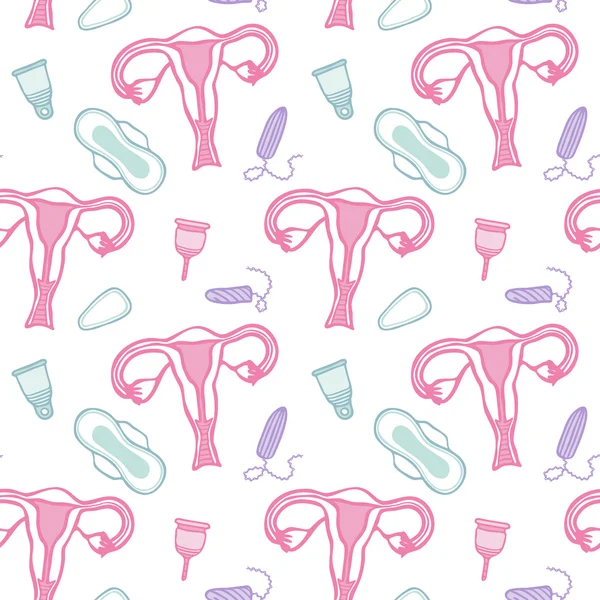 Weiblicher Hygiene-Sketch. nahtloses Muster mit handgezeichneten Cartoon-Symbolen - Pad, Tampon, Menstruationstasse und Gebärmutter oder Gebärmutter. Vektor Illustration - innen sehen — Stockvektor