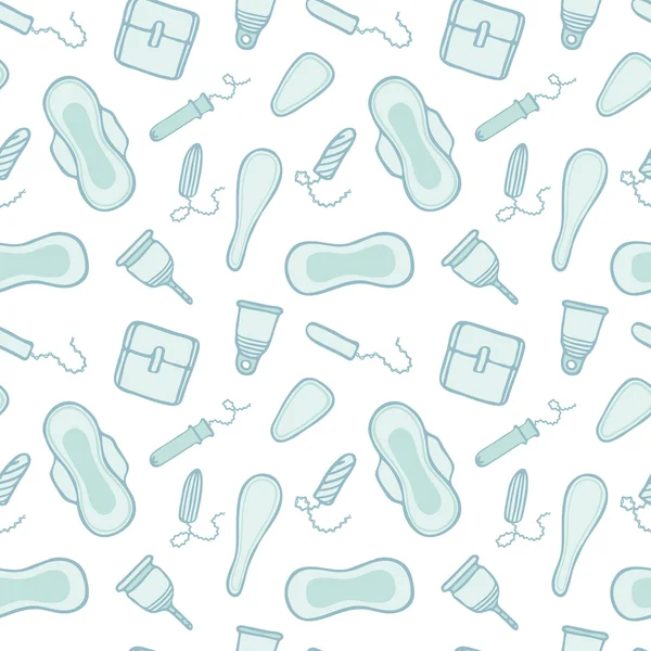 Menstruationsprodukter produkter skiss. Seamless mönster med handritade tecknade ikoner - bindor, tamponger, menstruation koppar. Vektor illustration - swatch inuti — Stock vektor