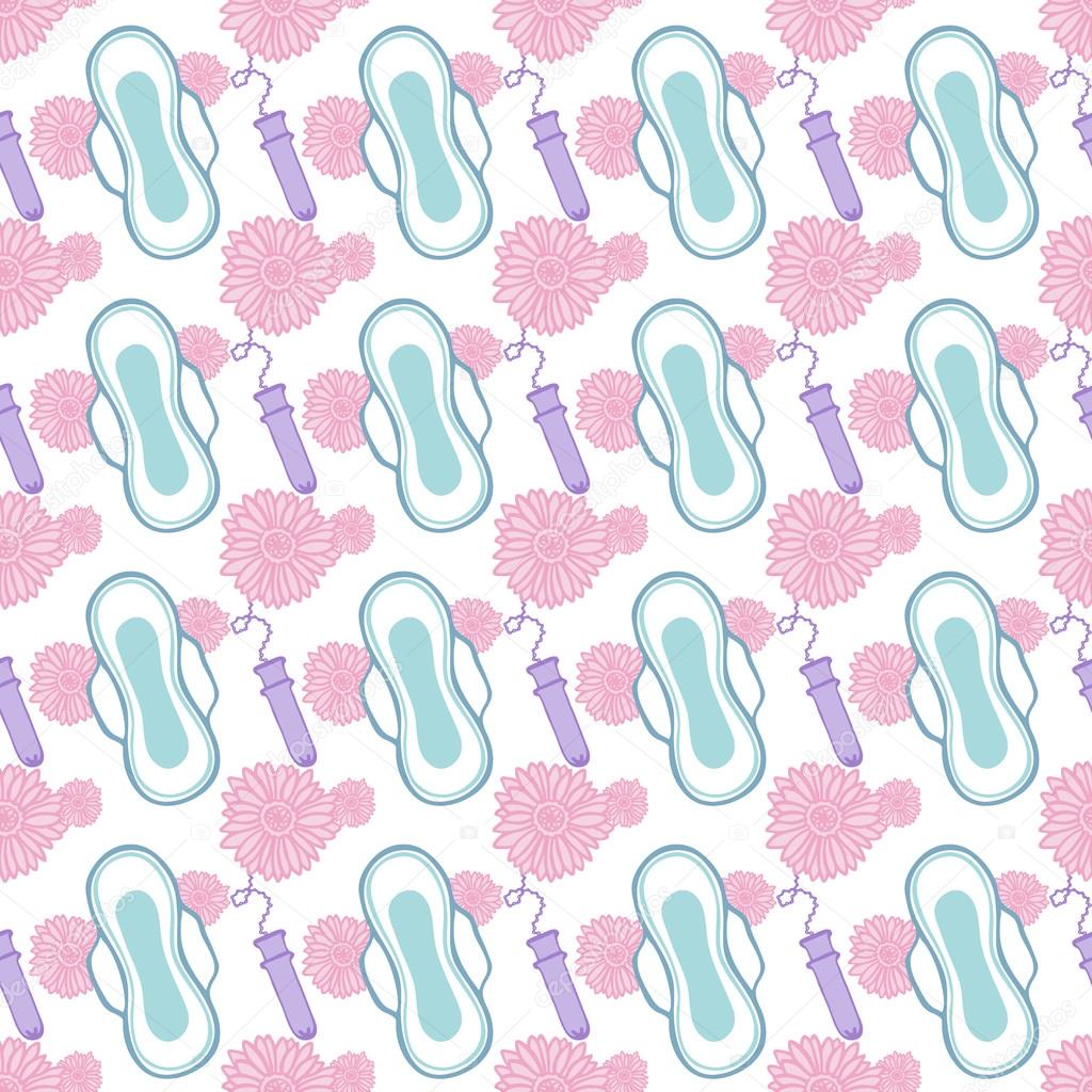 Feminine hygiene products sketch. Seamless pattern with hand-drawn cartoon icons - pad, tampon and flower. Vector illustration - swatch inside