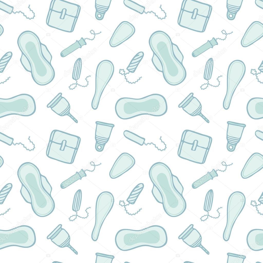 Feminine hygiene products sketch. Seamless pattern with hand-drawn cartoon  icons - pads, tampons, menstrual cups. Vector illustration - swatch inside  Stock Vector Image by ©runLenarun #99127342
