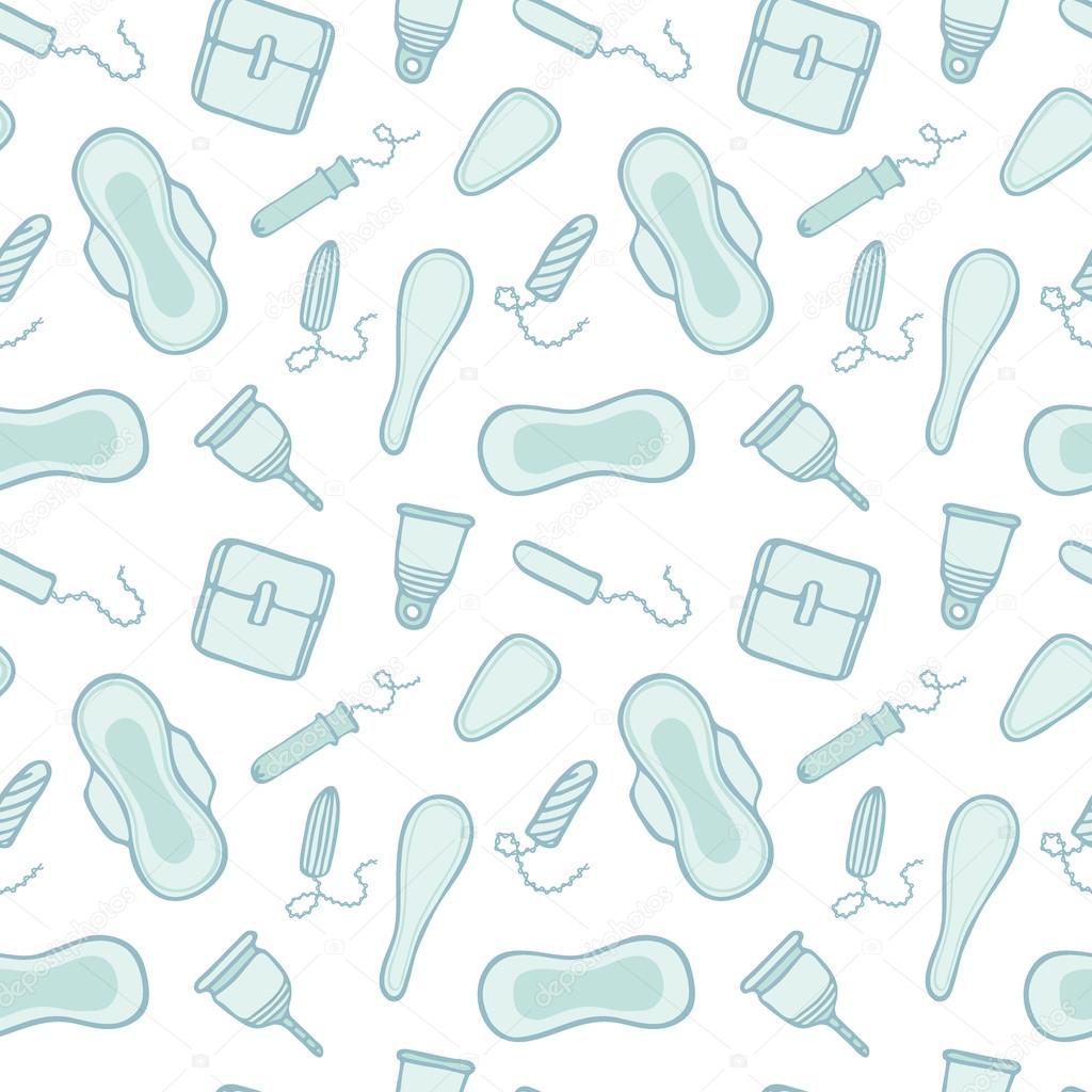 Feminine hygiene products sketch. Seamless pattern with hand-drawn cartoon icons - pads, tampons, menstrual cups. Vector illustration - swatch inside