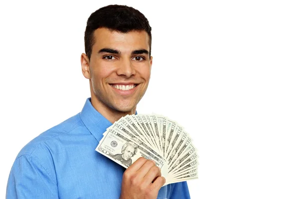 Hombre con camisa azul te muestra el dinero en la mano —  Fotos de Stock