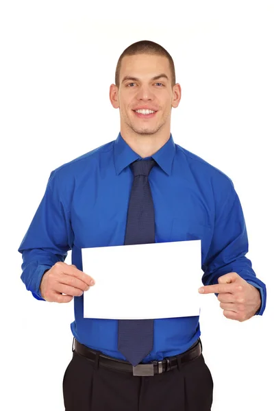 Hombre de negocios en camisa azul con papel en blanco . — Foto de Stock