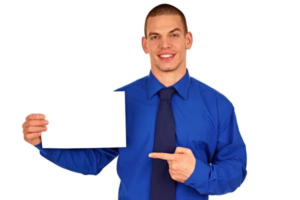 Бізнесмен на блакитній сорочці з чистим папером . — стокове фото