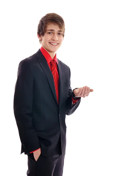 Young businessman shows palm — Stock Photo, Image