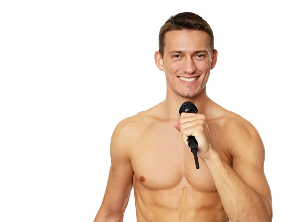 Karaoke with athletic man shirtless — Stock Photo, Image