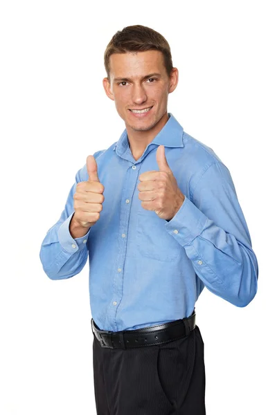 Businessman standing shows thumbs up — Stock Photo, Image