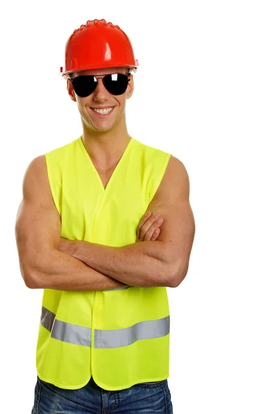 Arbeiter mit Helm und Arbeitsweste — Stockfoto