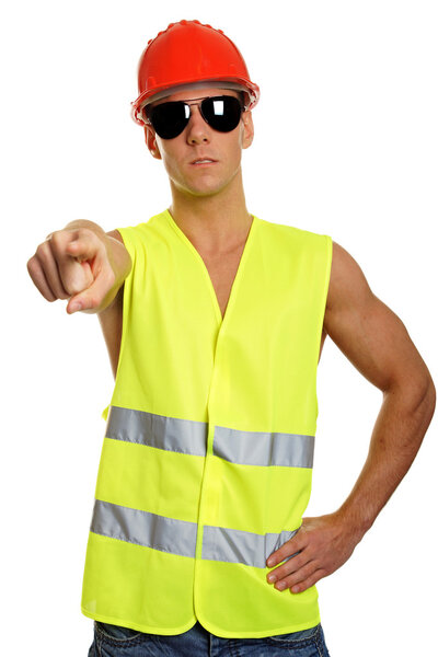 Worker at helmet and work vest