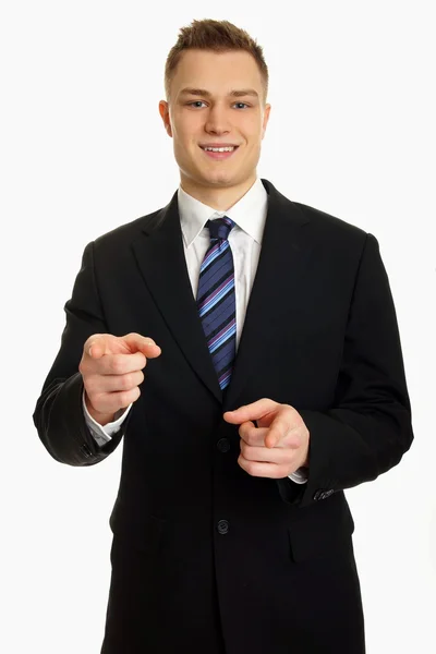 Businessman in suit shows on you — Stock Photo, Image