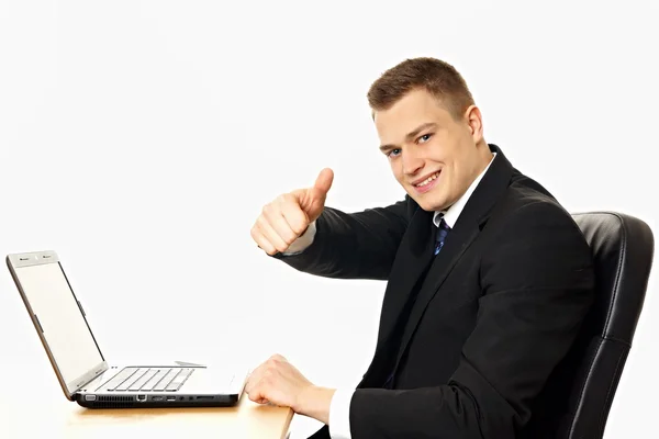 Podnikatel směřují palec nahoru znamení — Stock fotografie