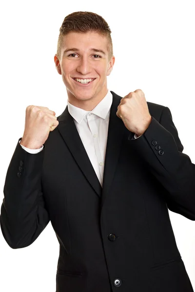 Man in suit shows hands and says, yes — Stock Photo, Image