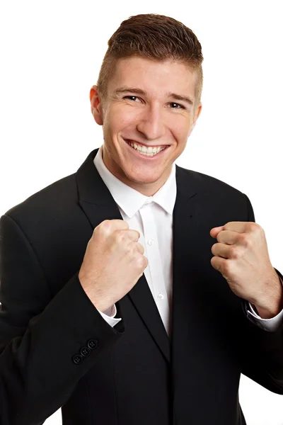 Man in suit shows hands and says, yes — Stock Photo, Image