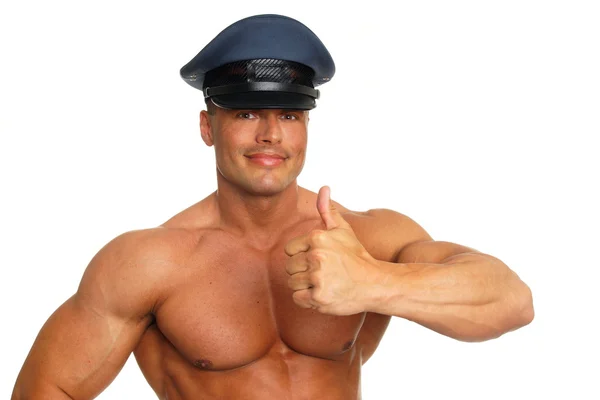 Man in police cap showing thumb up — Stock Photo, Image