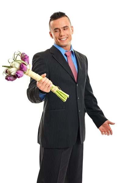 Man holding bouquet of tulips flowers — Stock Photo, Image