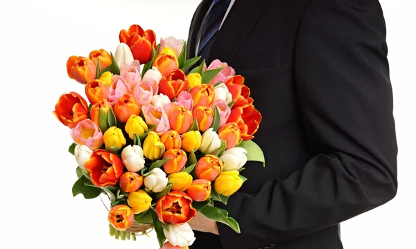 Man with bouquet tulips — Stock Photo, Image