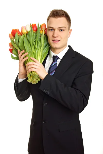 Homem com buquê de tulipas — Fotografia de Stock