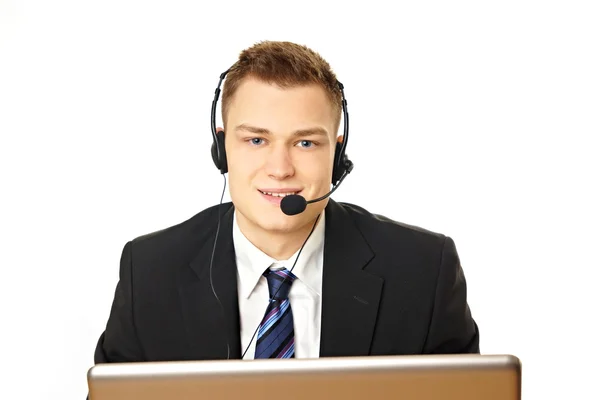 Customer service operator speaks into microphone — Stock Photo, Image