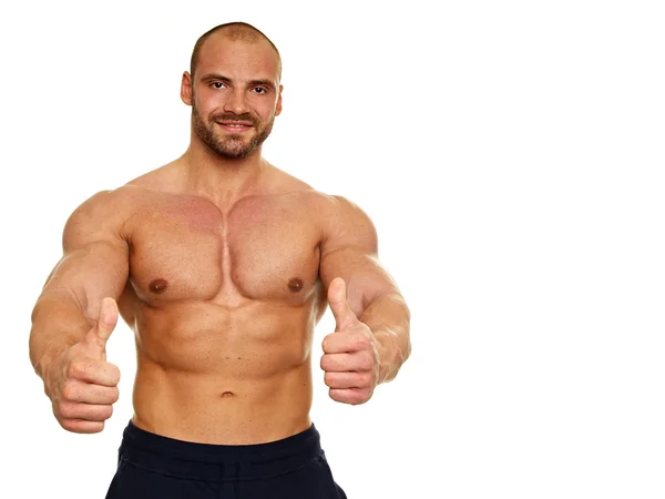 Muskulöser nackter Mann gestikuliert Daumen hoch Zeichen — Stockfoto