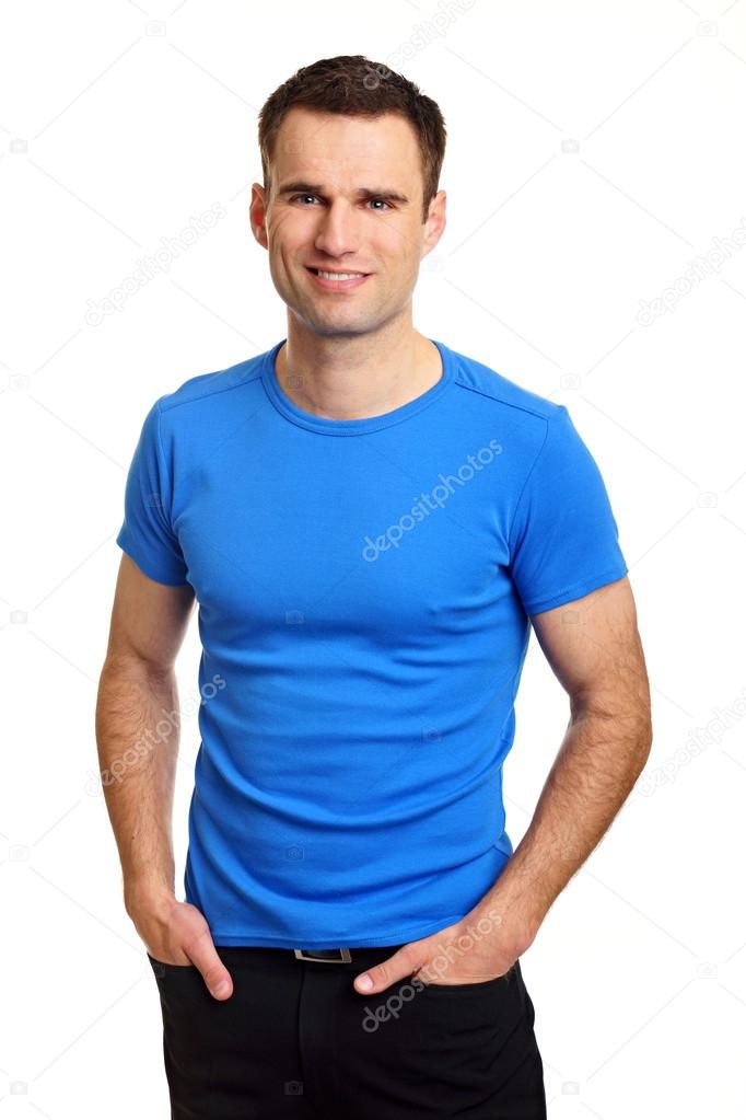 Man in blue shirt