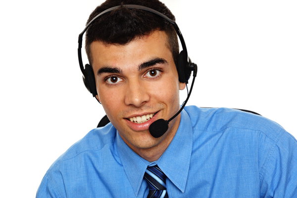 Customer service operator talks into microphone