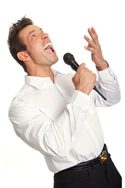 Businessman sings into the microphone — Stock Photo, Image