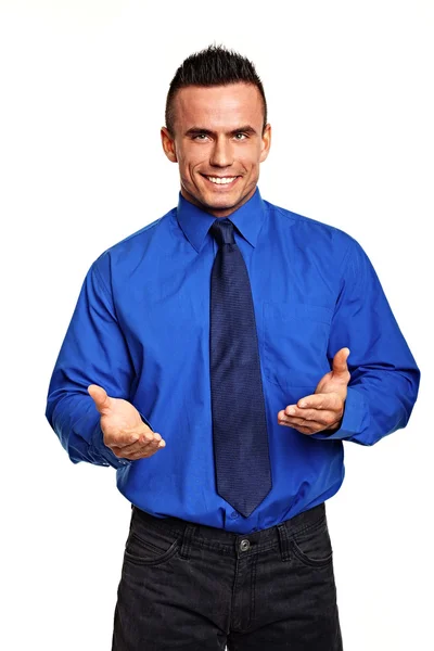 Smiling man showing hands — Stock Photo, Image