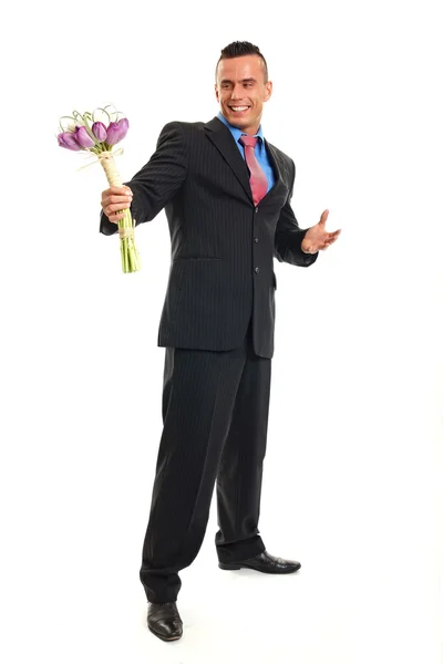 Man holding bouquet of tulips flowers — Stock Photo, Image