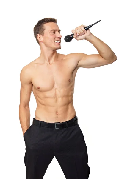 Karaoke with man shirtless — Stock Photo, Image